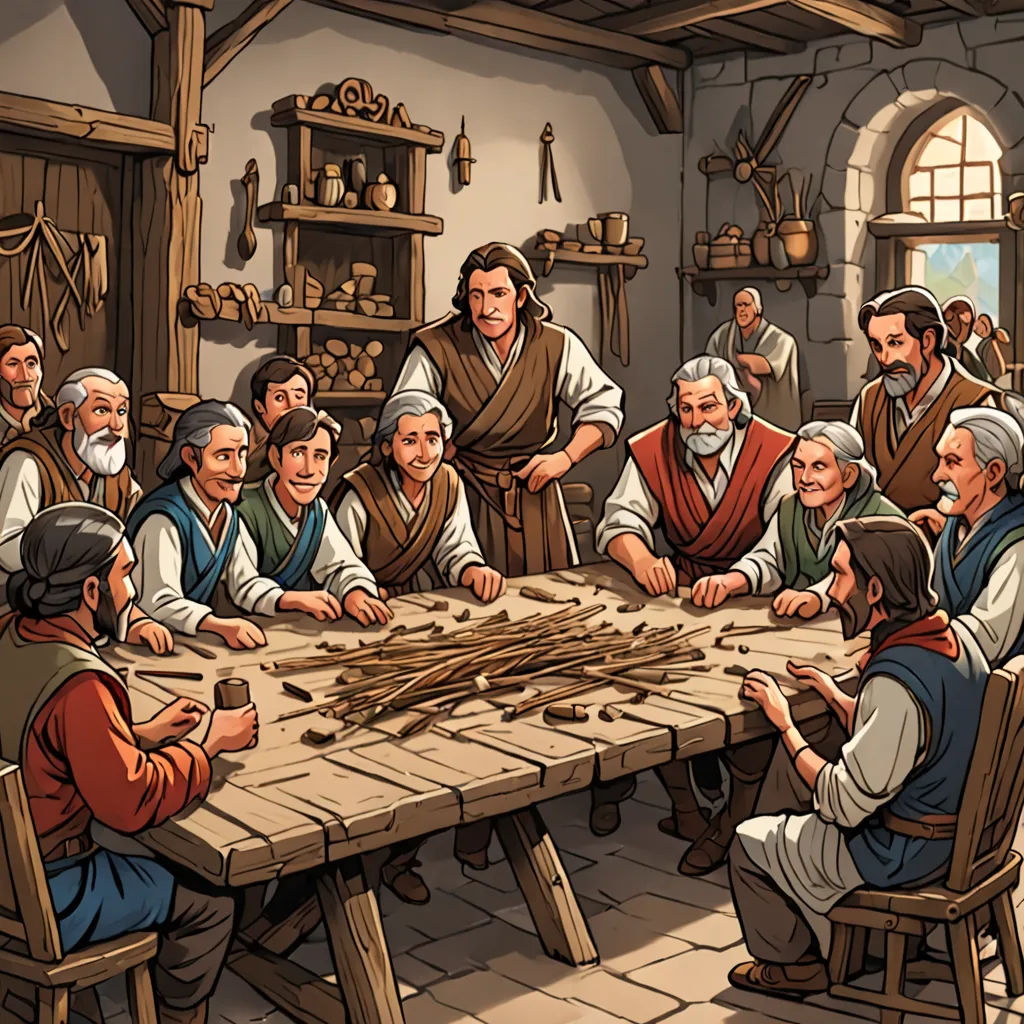 a group of people sitting around a table with a man standing over it with a cross on it and a woman standing over the table, incoherents, a storybook illustration, Coppo di Marcovaldo, storybook illustration