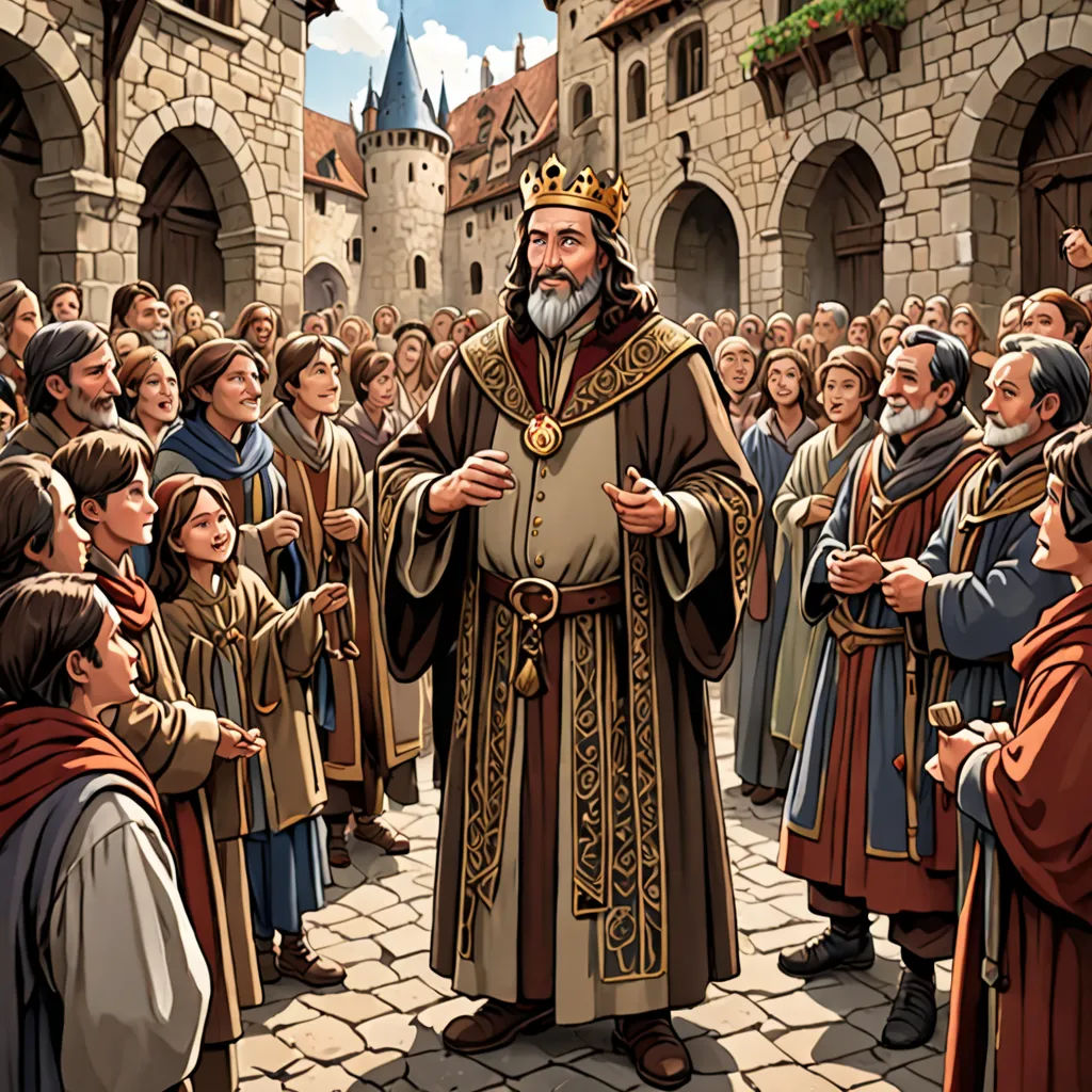 a man in a crown standing in front of a crowd of people in medieval clothing and robes, with a crowd of people standing around him, fantasy art, a storybook illustration, Christophe Vacher, storybook illustration