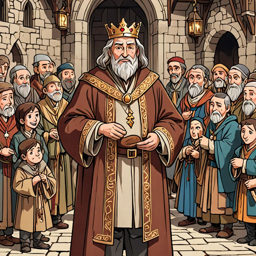 a cartoon of a man in a crown surrounded by people in medieval clothing and holding a sword in his hand, fantasy art, a storybook illustration, Cedric Seaut (Keos Masons), official art