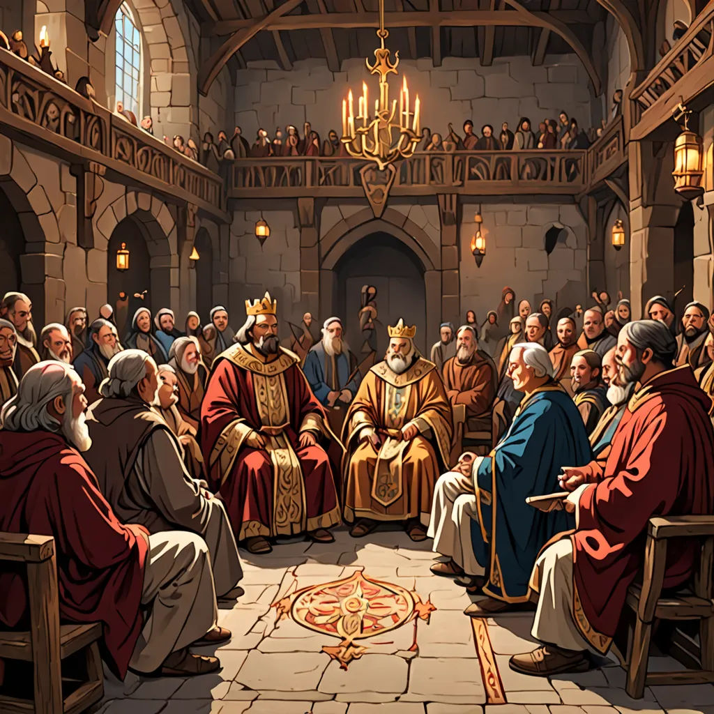 a painting of a priest sitting in a church with a group of people around him and a chandelier hanging from the ceiling, fantasy art, a comic book panel, Andreas Rocha, medieval