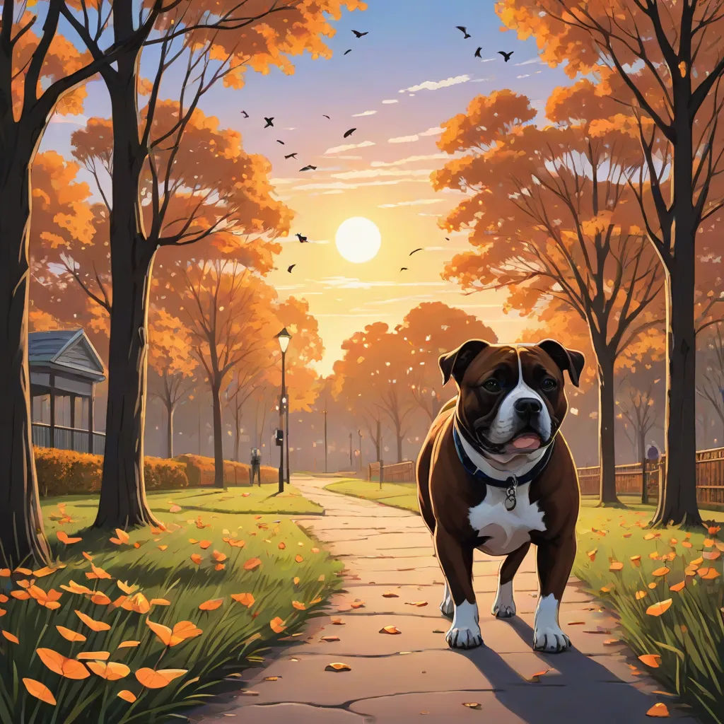 a dog standing on a path in a park with trees and flowers in the background and a sunset in the background, american scene painting, a storybook illustration, Dan Mumford, official art