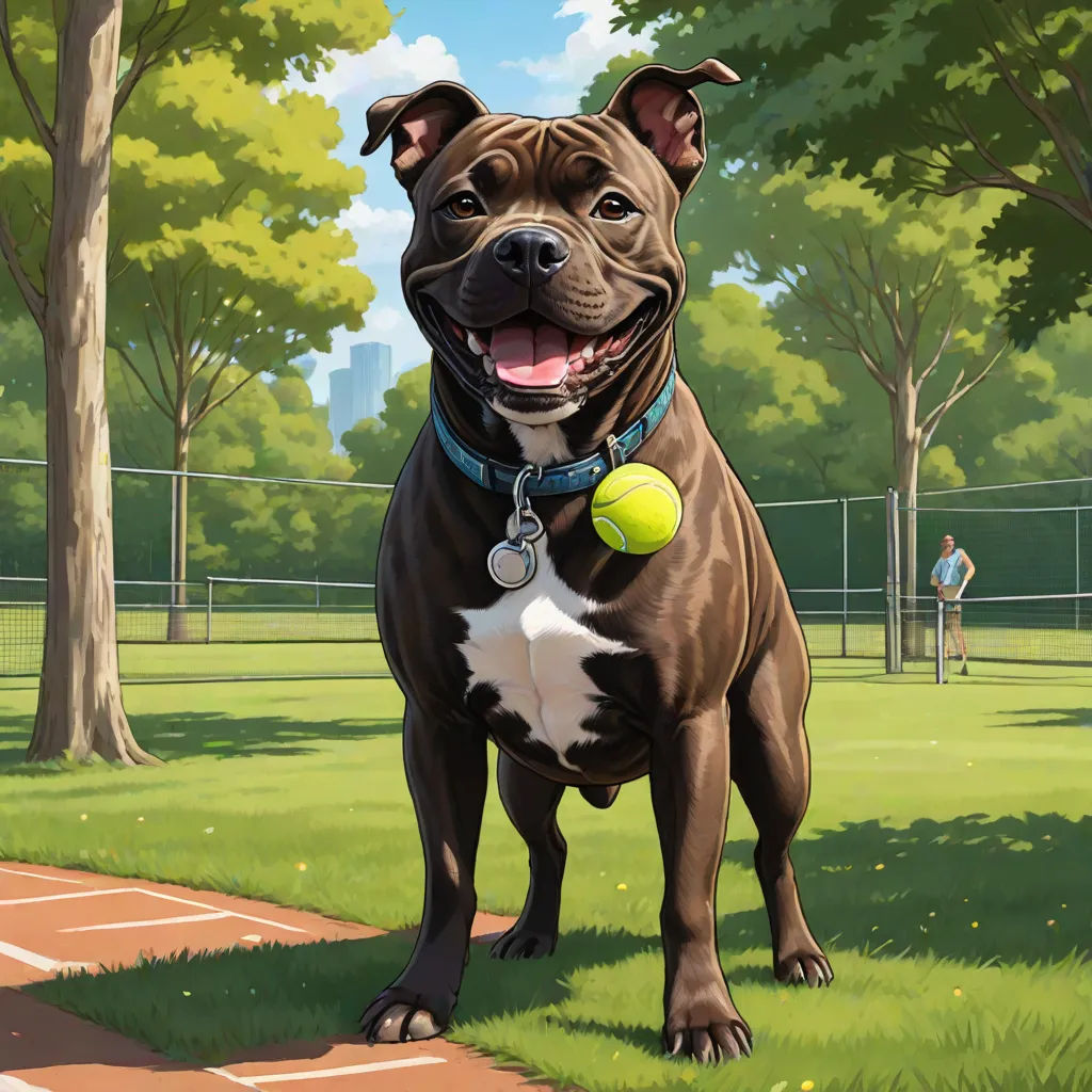 a dog with a tennis ball in its mouth on a leash in a park with a man in the background, photorealism, a storybook illustration, Christopher Moeller, highly detailed digital painting