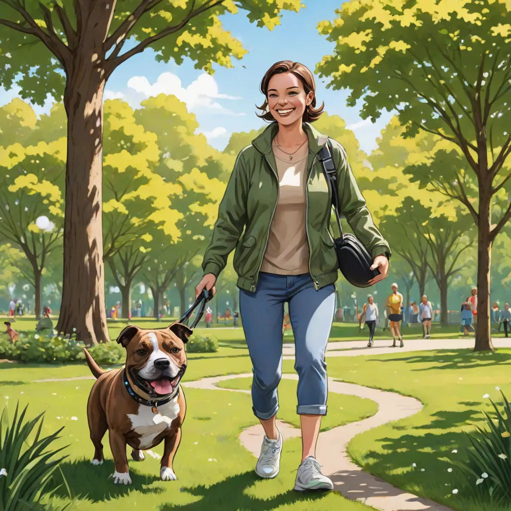 a woman walking a dog in a park with trees and people in the background on a sunny day with a dog on a leash, photorealism, a storybook illustration, Asaf Hanuka, official art