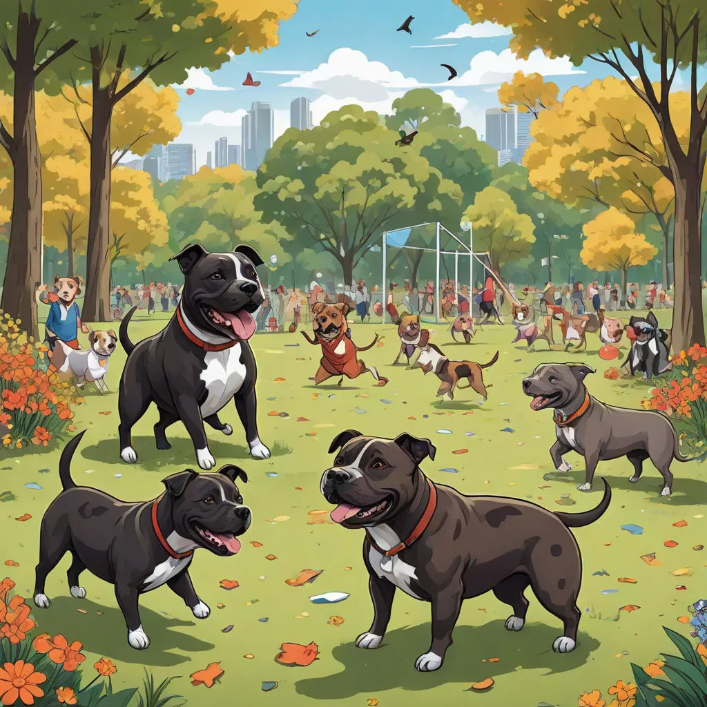 a group of dogs playing in a park with people and trees in the background and a dog park with many dogs, serial art, a storybook illustration, Art & Language, comic cover art