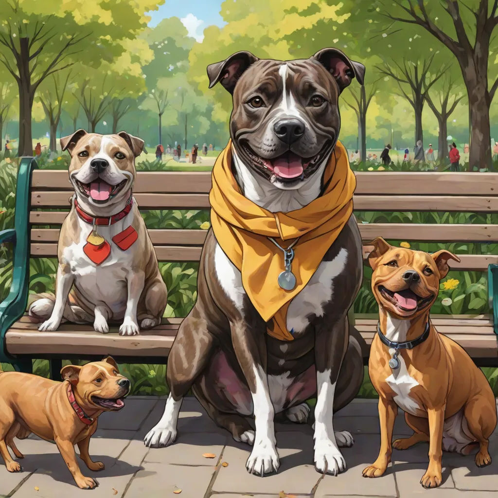 three dogs sitting on a bench in a park with trees and bushes in the background, one is brown and one is white, american scene painting, a detailed painting, F Scott Hess, official art
