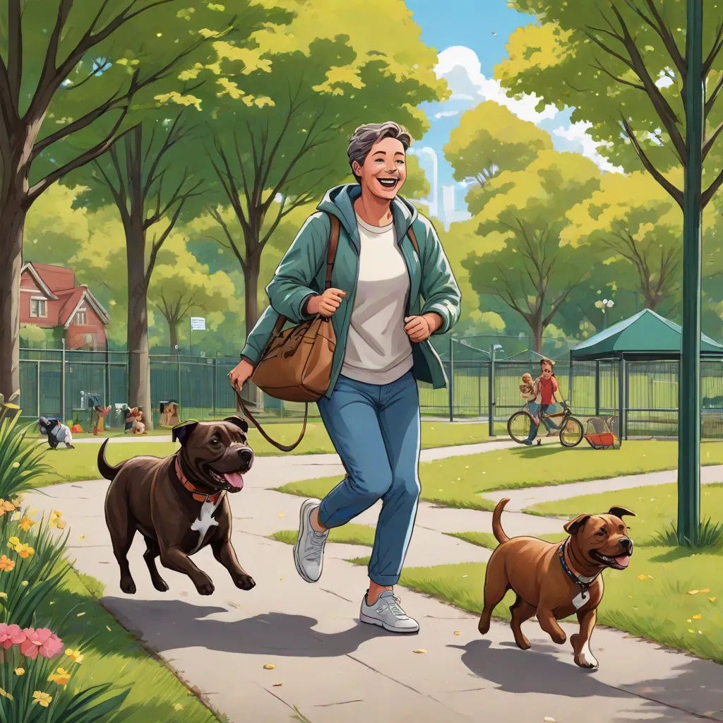 a woman running with two dogs in a park with a man on a bike behind her and a dog on a leash, american scene painting, a storybook illustration, F Scott Hess, comic cover art