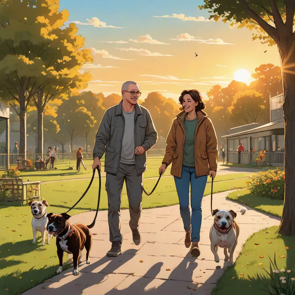a man and woman walking two dogs on a leash in a park at sunset with the sun setting behind them, american scene painting, a digital rendering, Evgeny Lushpin, official art