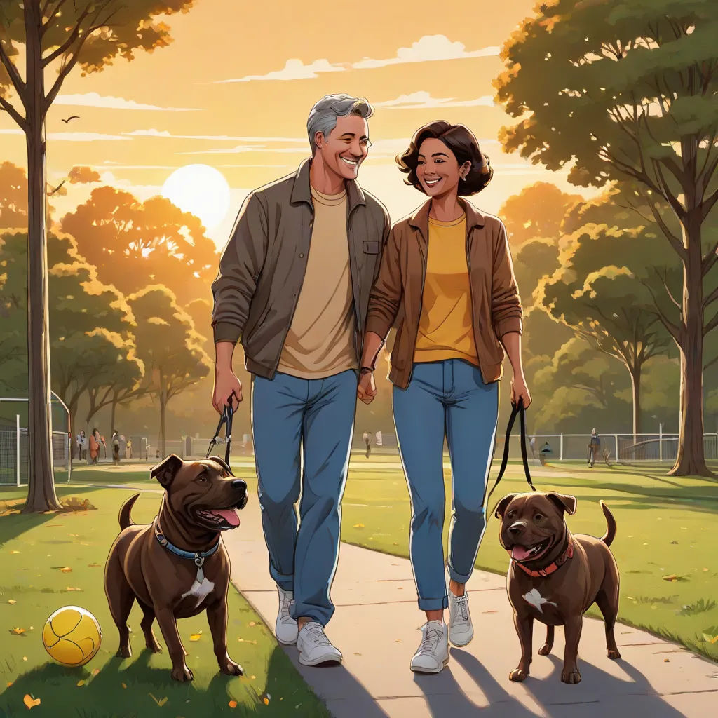a man and woman walking two dogs on a leash in a park at sunset with a ball in the air, american scene painting, a storybook illustration, F Scott Hess, rossdraws global illumination