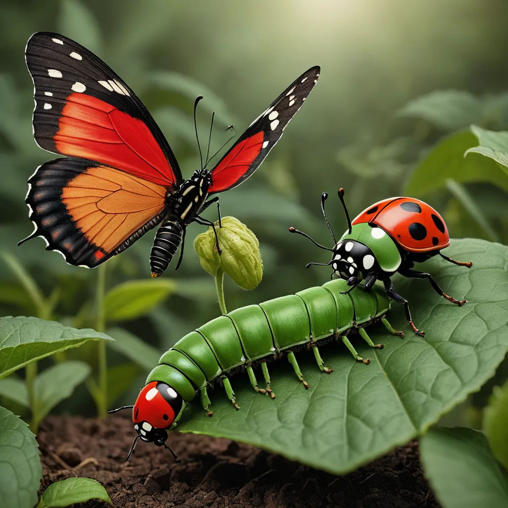 a couple of bugs that are on a leaf together on a plant with leaves around them and a butterfly on top of the bug, ecological art, a storybook illustration, Bernd Fasching, macro art