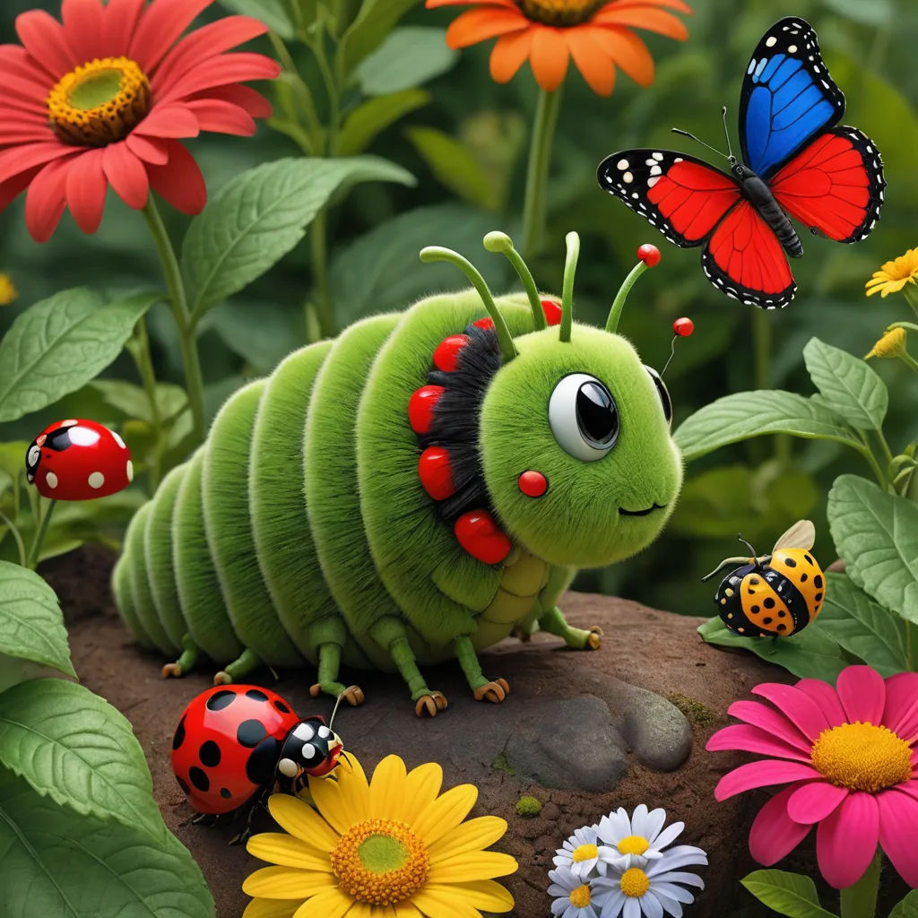 a green bug with a red nose and a black nose sitting on a rock surrounded by flowers and butterflies, photorealism, a storybook illustration, Chris LaBrooy, highly detailed digital painting