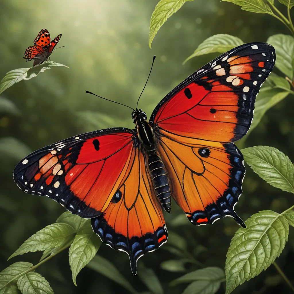 a butterfly with orange wings and black spots on its wings is flying over a green leafy area with a red and black butterfly, naturalism, a digital rendering, Arie Smit, highly detailed digital painting
