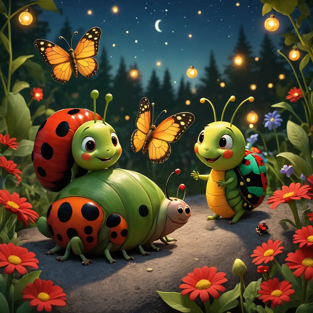 a couple of bugs sitting on top of a field of flowers next to a butterfly and a ladybug, fantasy art, a storybook illustration, Chris LaBrooy, highly detailed digital painting