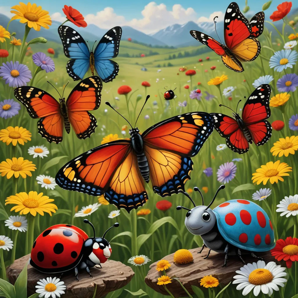 a painting of a group of butterflies flying over a field of flowers and daisies with a mountain in the background, pop surrealism, a storybook illustration, Craola, highly detailed digital painting