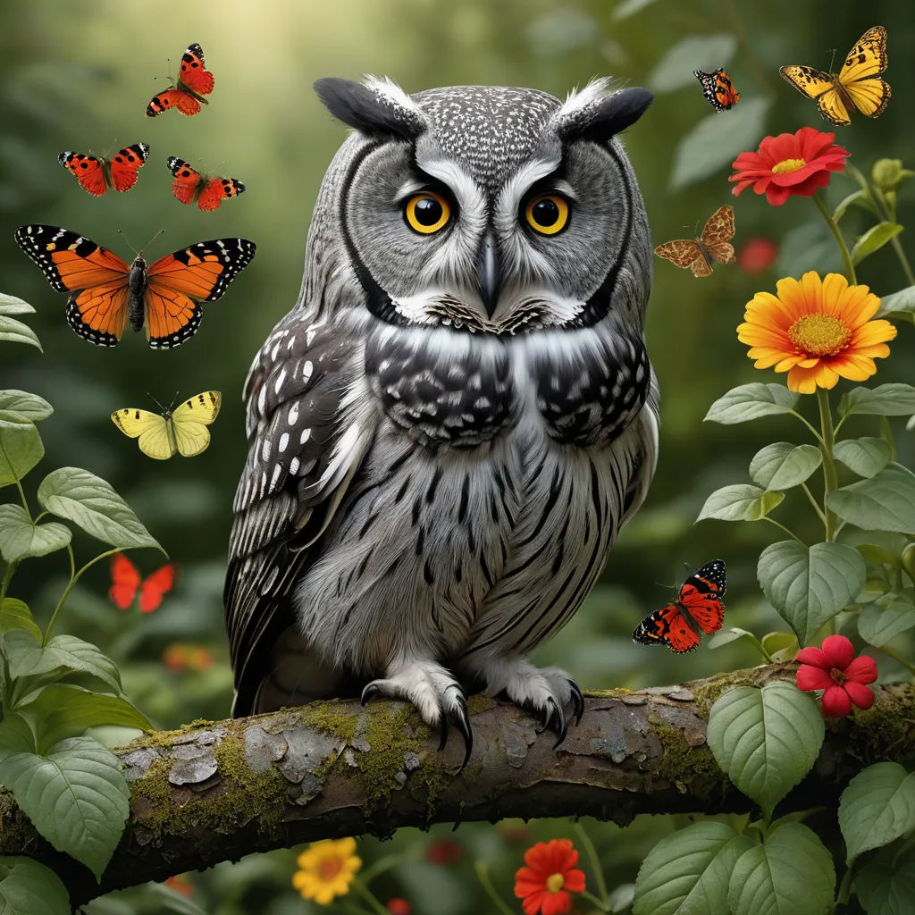 a painting of an owl sitting on a branch with butterflies around it and a butterfly in the background with a yellow eye, fantasy art, a storybook illustration, Bernd Fasching, highly detailed digital painting