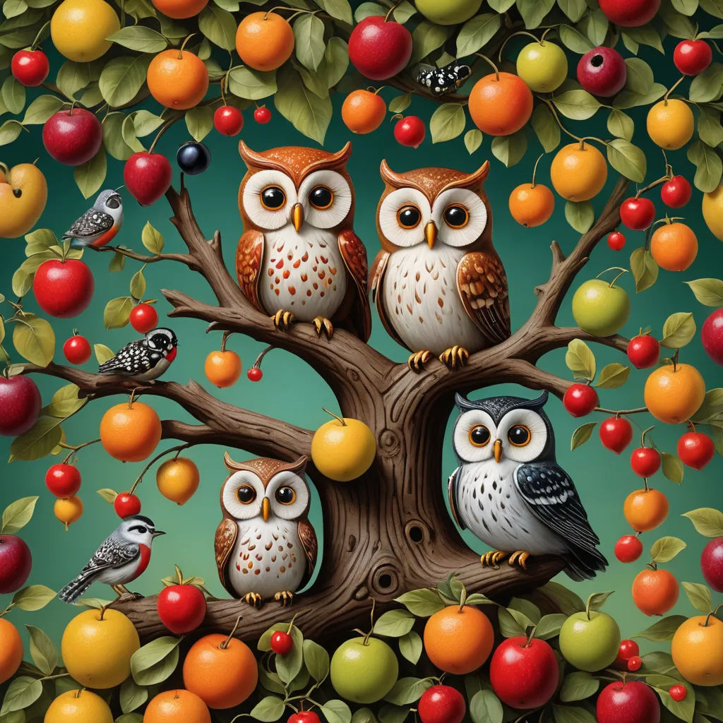 a painting of three owls sitting on a tree with apples and oranges in the background, with a green background, pop surrealism, a storybook illustration, Chris LaBrooy, highly detailed digital painting
