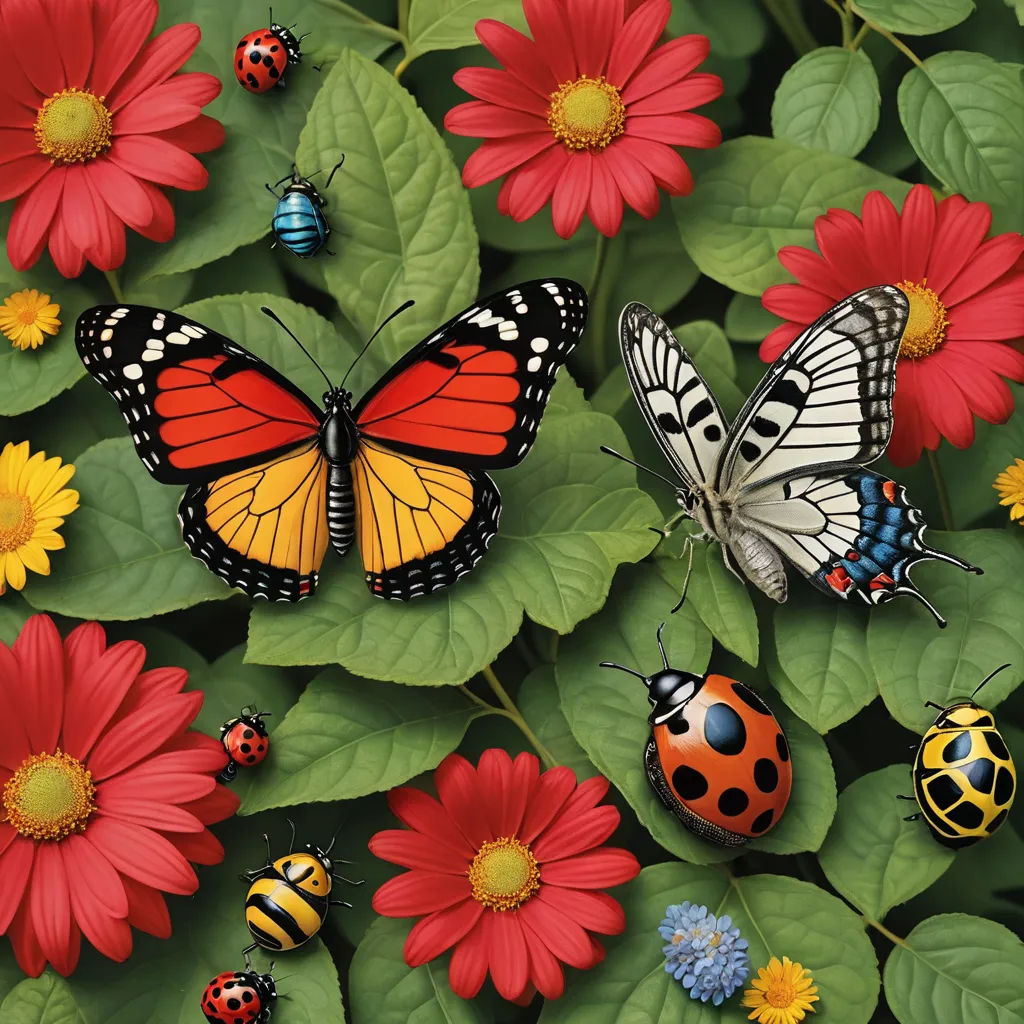 a group of butterflies and ladybugs on a bed of flowers and leaves with red and yellow flowers, ecological art, a storybook illustration, Bernd Fasching, highly detailed digital painting