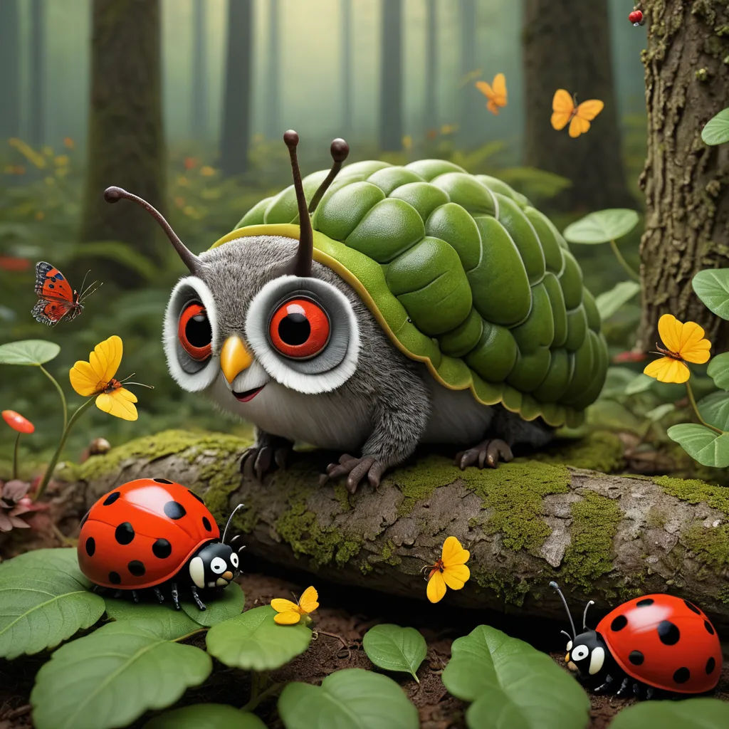 a very cute little bug with big eyes in the forest with ladybugs and butterflies around it,, pop surrealism, an ambient occlusion render, Chris LaBrooy, highly detailed digital painting