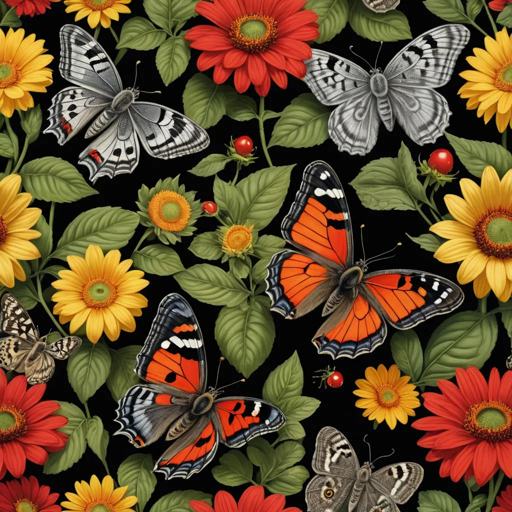 a bunch of butterflies and flowers on a black background with red, yellow, and orange flowers and leaves, folk art, a detailed painting, Chris LaBrooy, highly detailed digital painting