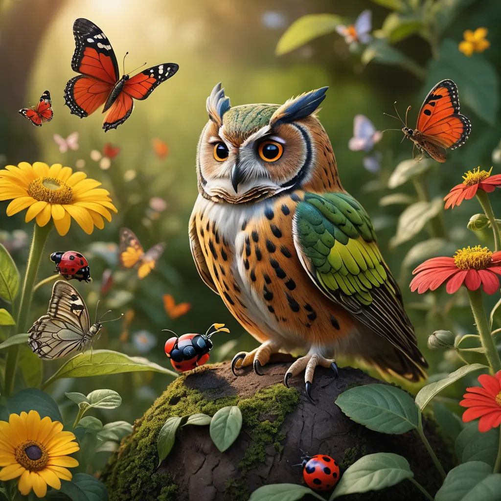 a painting of an owl sitting on a rock surrounded by flowers and butterflies, with a butterfly in the background, fantasy art, a digital painting, Chris LaBrooy, highly detailed digital painting