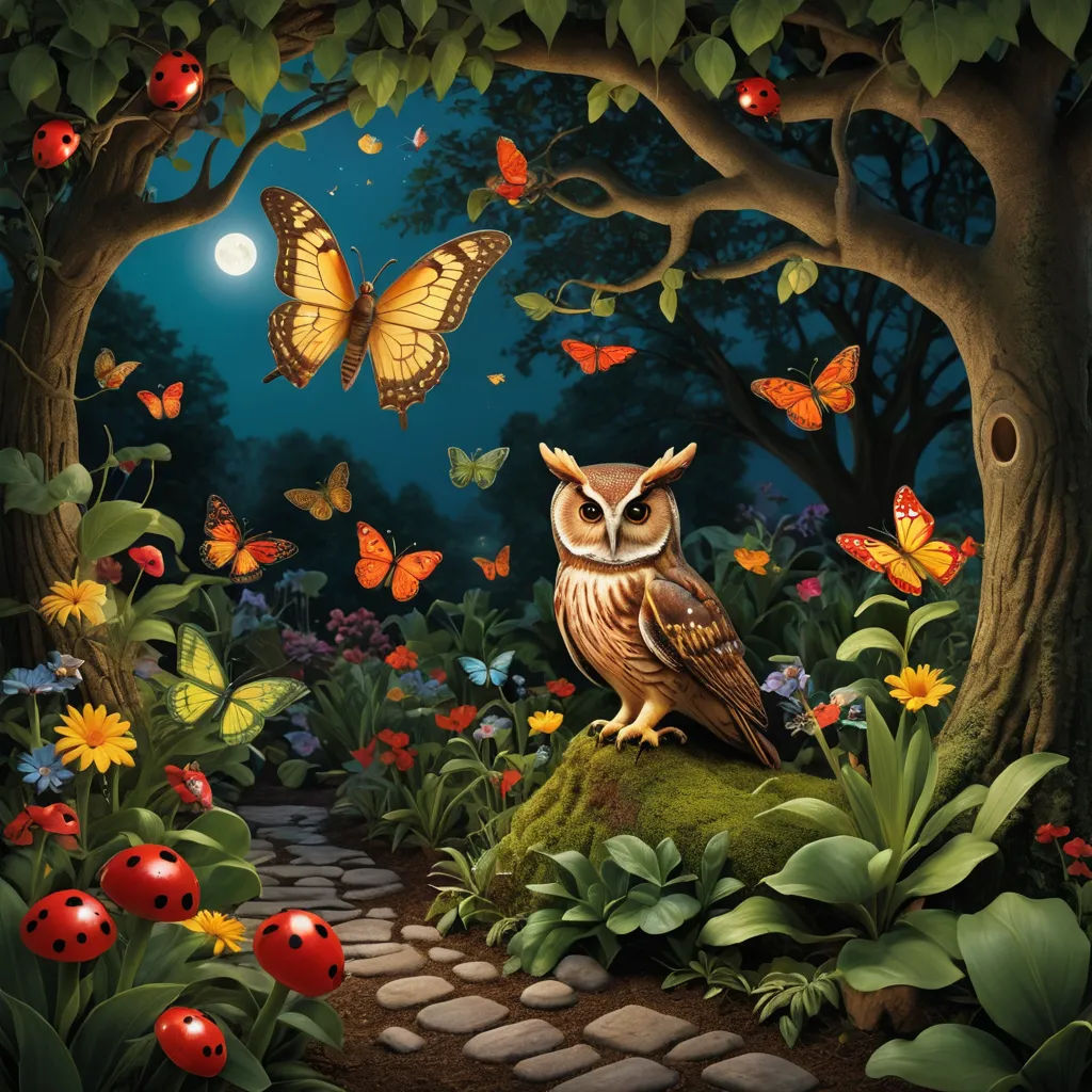 a painting of an owl sitting on a rock in a forest with butterflies flying around it and a full moon in the sky, magic realism, a storybook illustration, Chris LaBrooy, storybook illustration