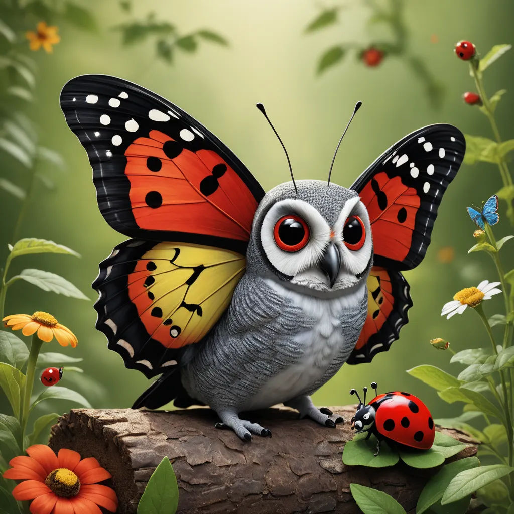 a painting of a butterfly with a lady bug on its back sitting on a log in a garden with flowers, magic realism, a storybook illustration, Chris LaBrooy, highly detailed digital painting
