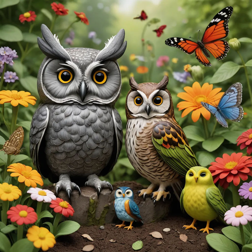 two owls sitting on a rock surrounded by flowers and butterflies, with a butterfly flying above them, and a butterfly on the ground, pop surrealism, a storybook illustration, Chris LaBrooy, highly detailed digital painting