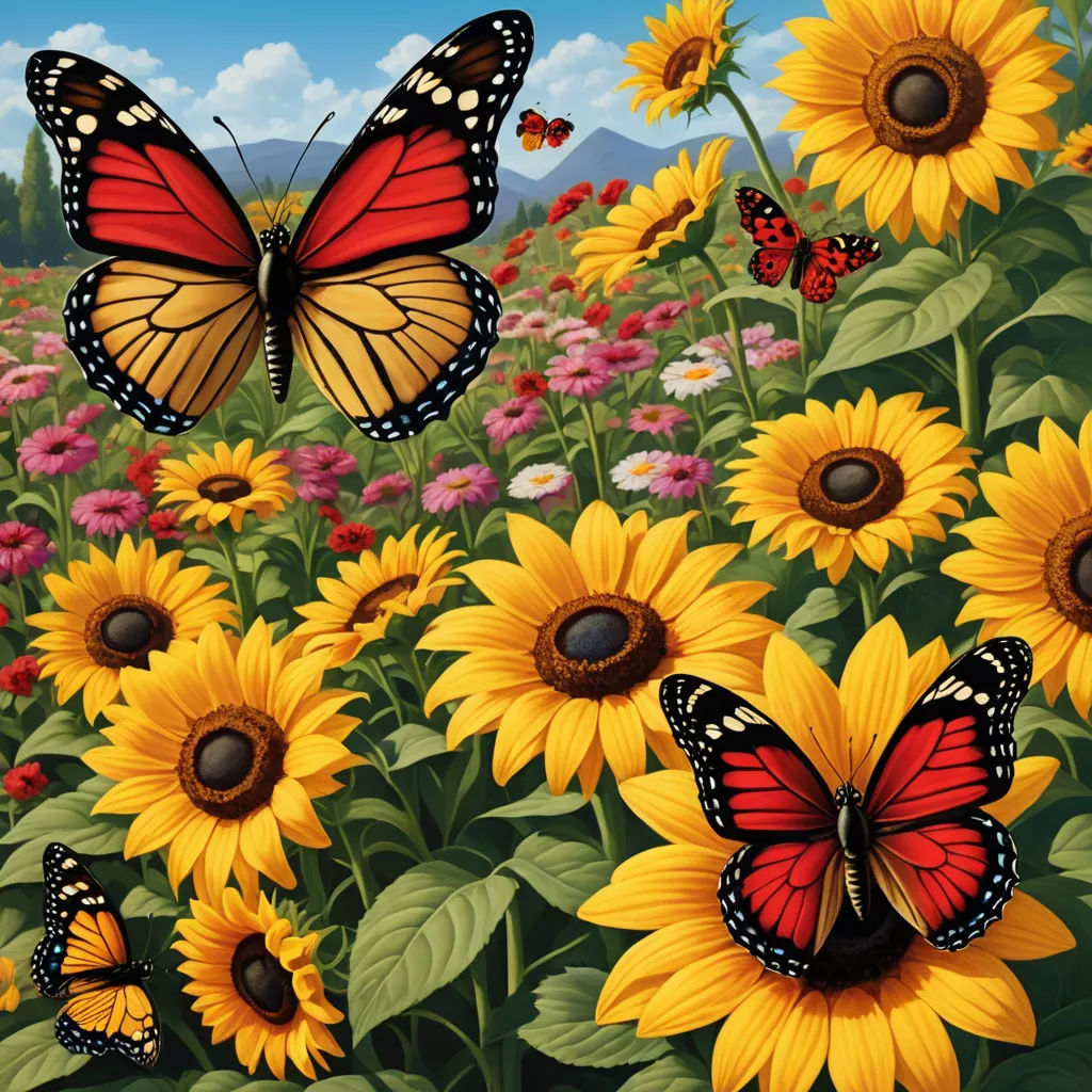 a painting of a field of sunflowers and butterflies with a blue sky in the background and a field of flowers with yellow and pink flowers, folk art, a digital rendering, Anne Stokes, highly detailed digital art