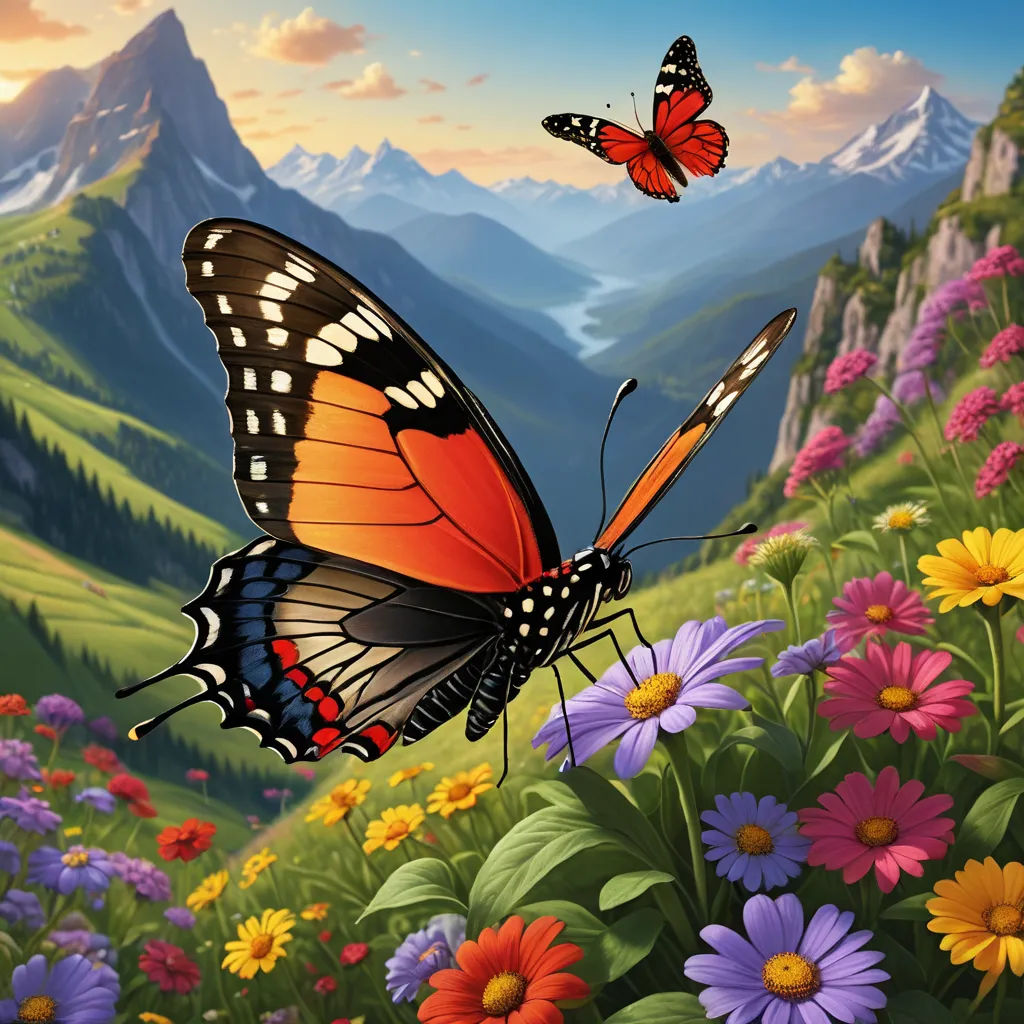 a butterfly flying over a lush green hillside covered in flowers and a mountain range in the background with a sunset, magic realism, a storybook illustration, Anne Stokes, highly detailed digital painting