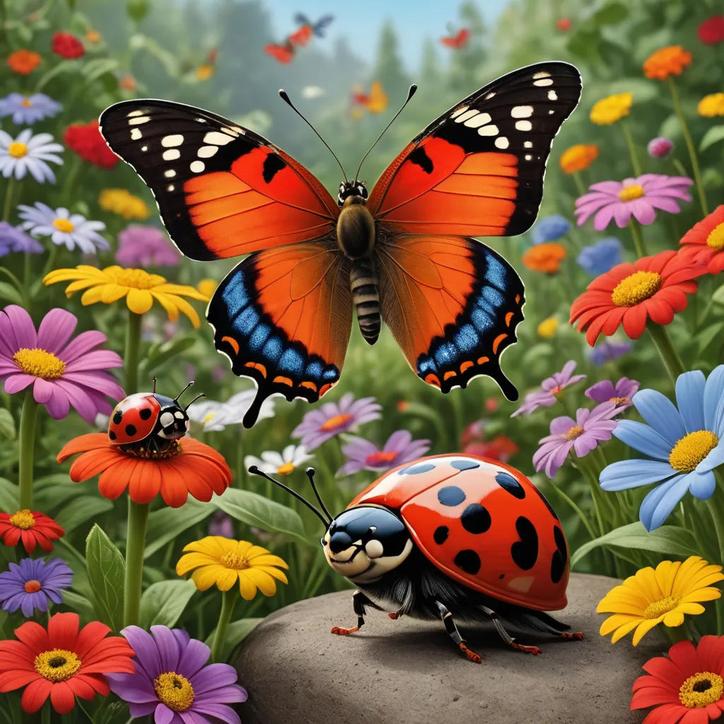 a painting of a lady bug and a ladybug on a rock in a field of flowers with butterflies, pop surrealism, a storybook illustration, Chris LaBrooy, highly detailed digital painting