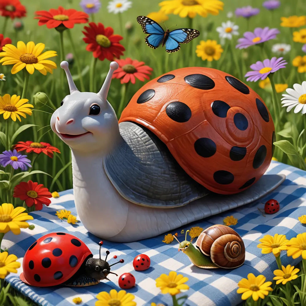a snail and a lady bug on a blanket in a field of flowers and daisies with a butterfly, photorealism, an airbrush painting, Chris LaBrooy, highly detailed digital painting