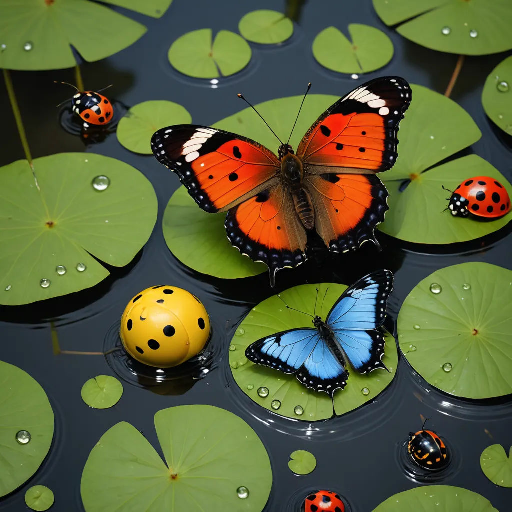 a group of butterflies sitting on top of lily pads in a pond with water lilies and a yellow ball, cloisonnism, a photorealistic painting, Bernd Fasching, macro photography