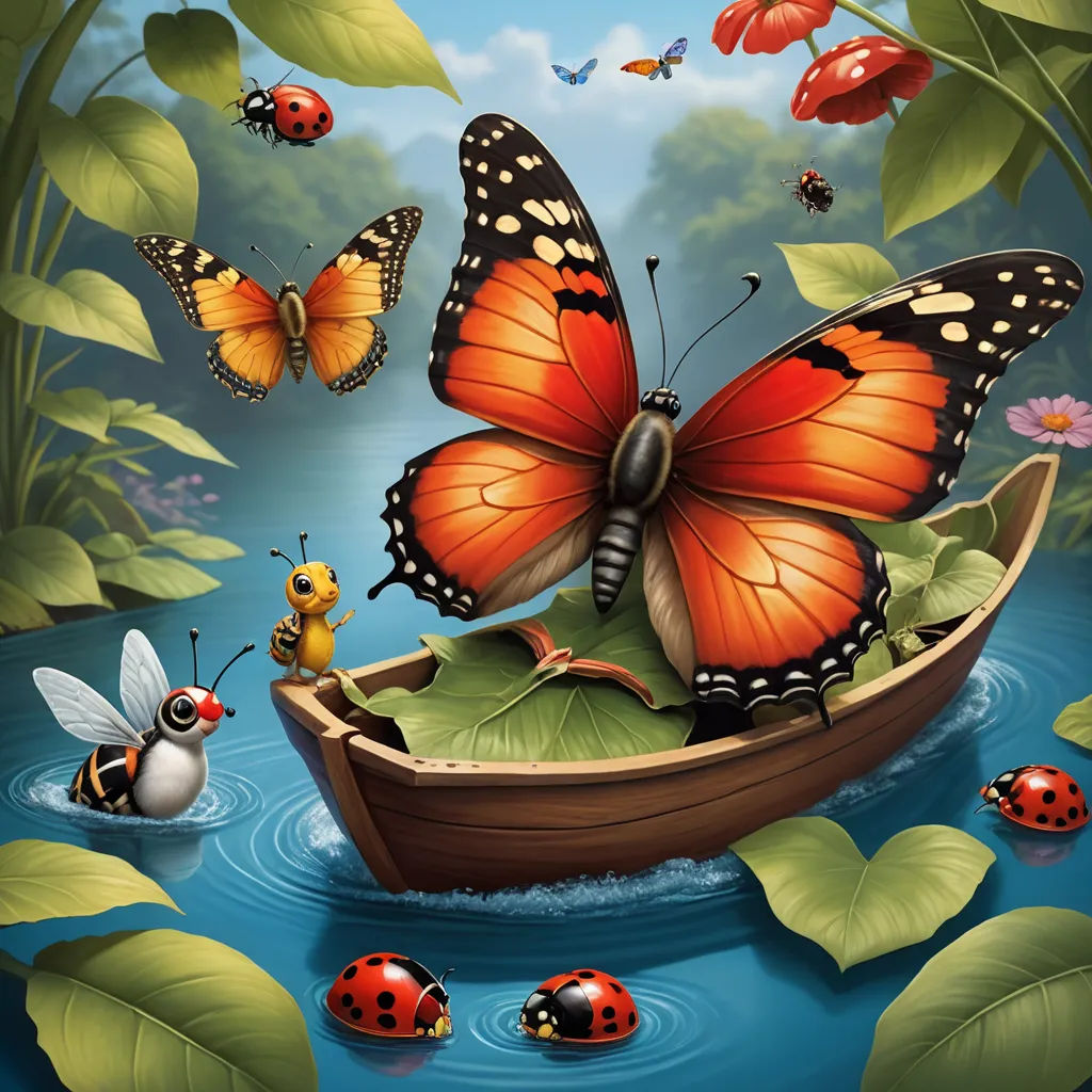 a painting of a boat with a lot of butterflies on it and a lady bug in the water with a ladybug, magic realism, a storybook illustration, Chris LaBrooy, highly detailed digital painting