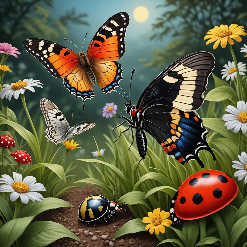 a painting of butterflies and ladybugs in a field of flowers and daisies with a full moon in the background, magic realism, a storybook illustration, Anne Stokes, highly detailed digital painting