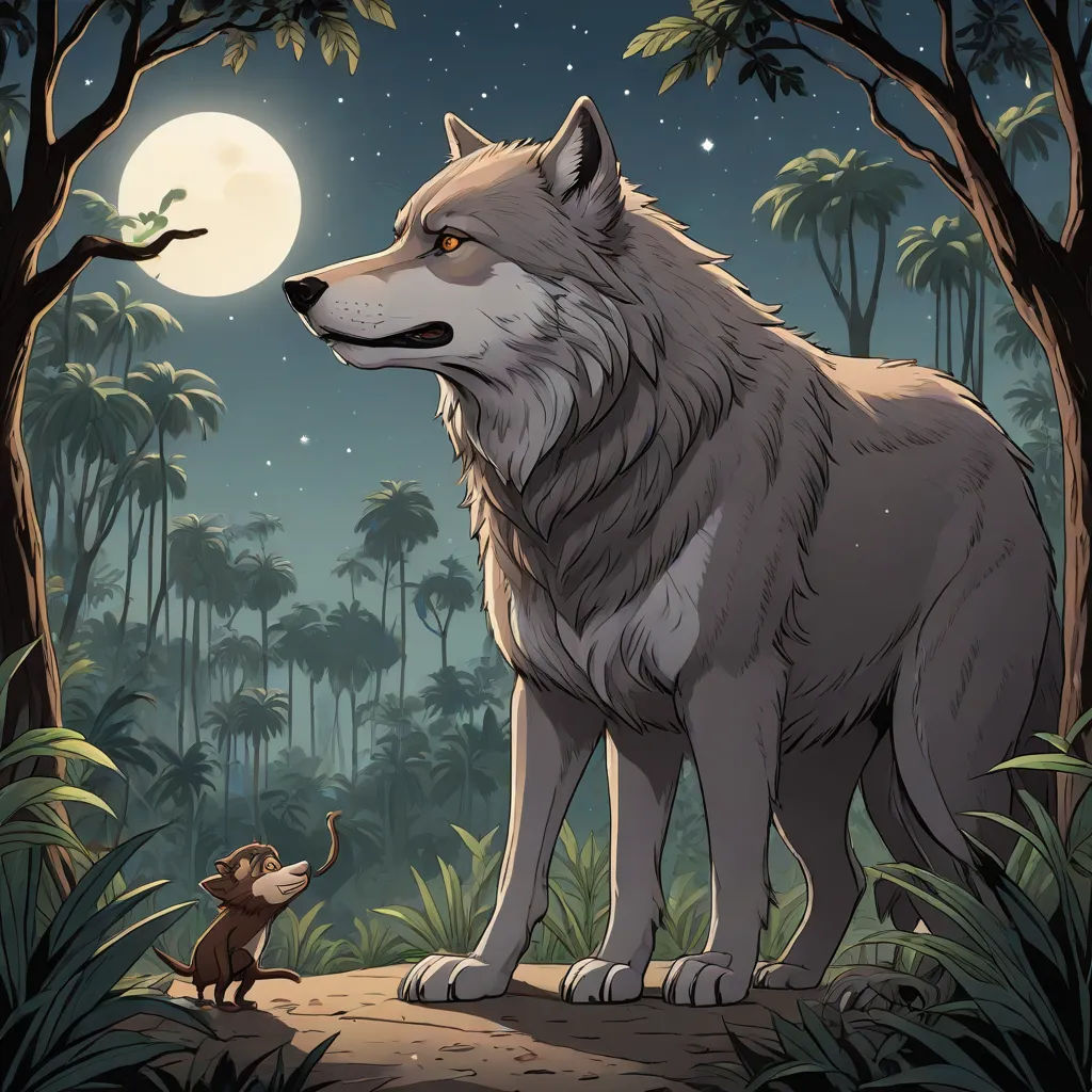 a wolf and a monkey in a forest at night with a full moon in the background and palm trees, a storybook illustration, Chris LaBrooy, furry art, official art