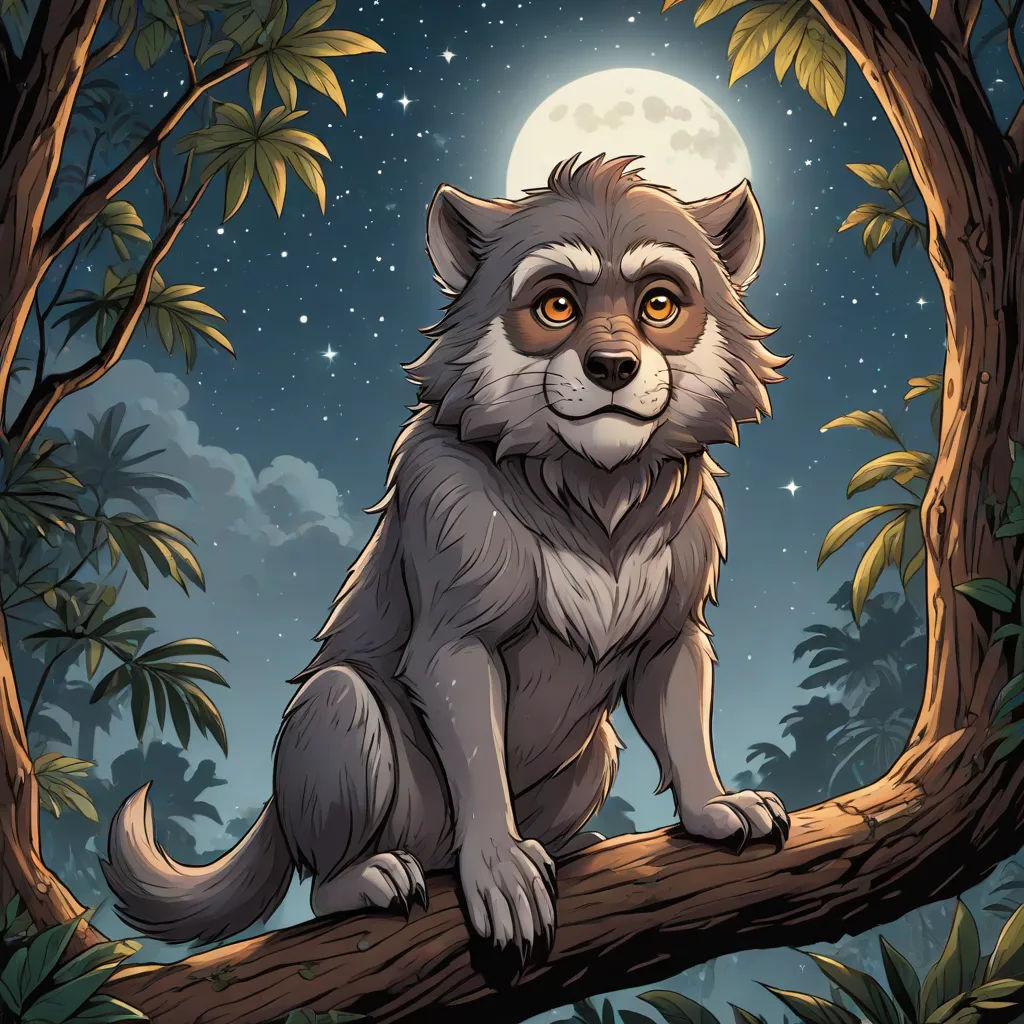 a cartoon wolf sitting on a tree branch with a full moon in the background and stars in the sky, a character portrait, Brom, furry art, official art