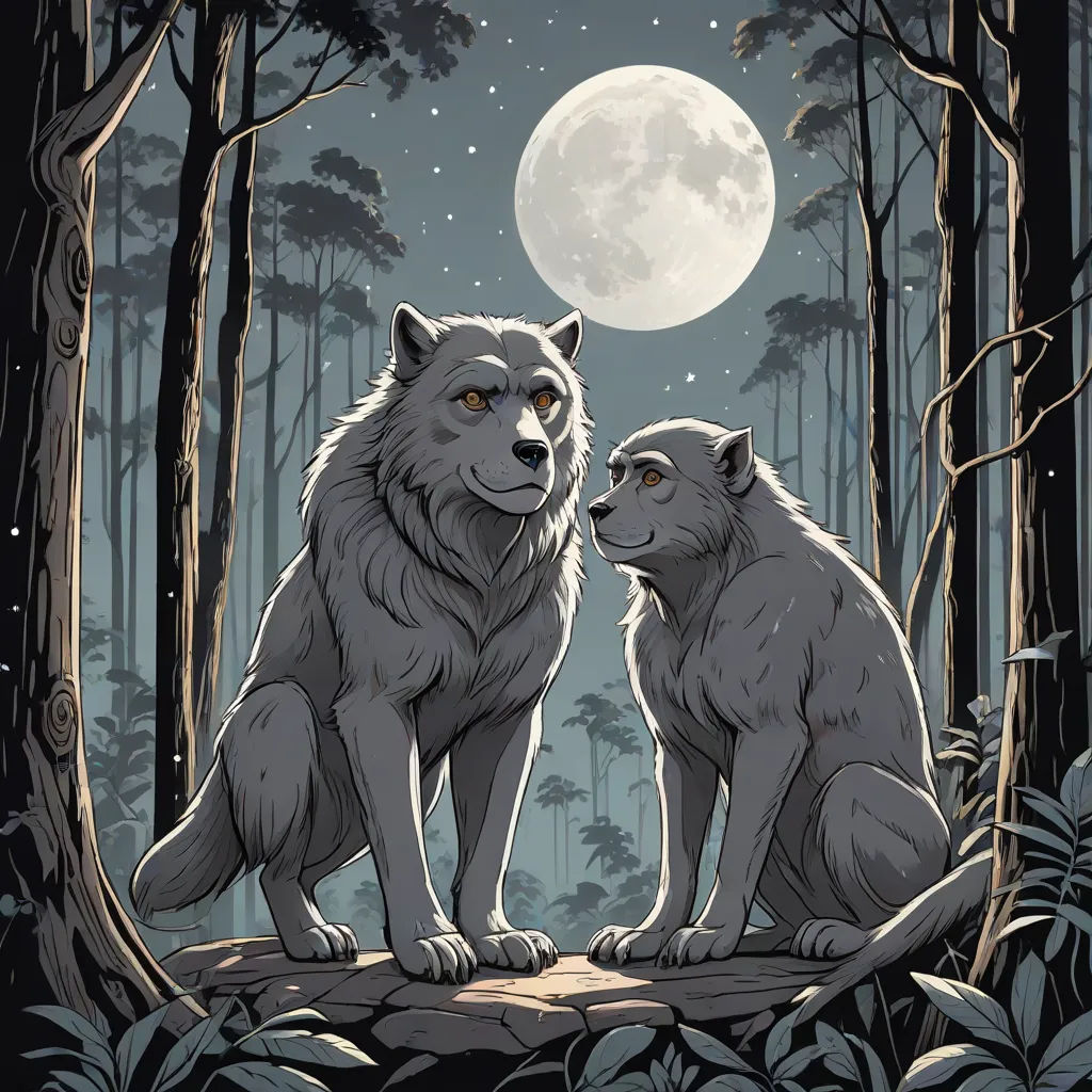 two white wolfs sitting on a rock in the woods at night with the moon in the background and trees, a storybook illustration, Dan Mumford, furry art, josan gonzales and dan mumford