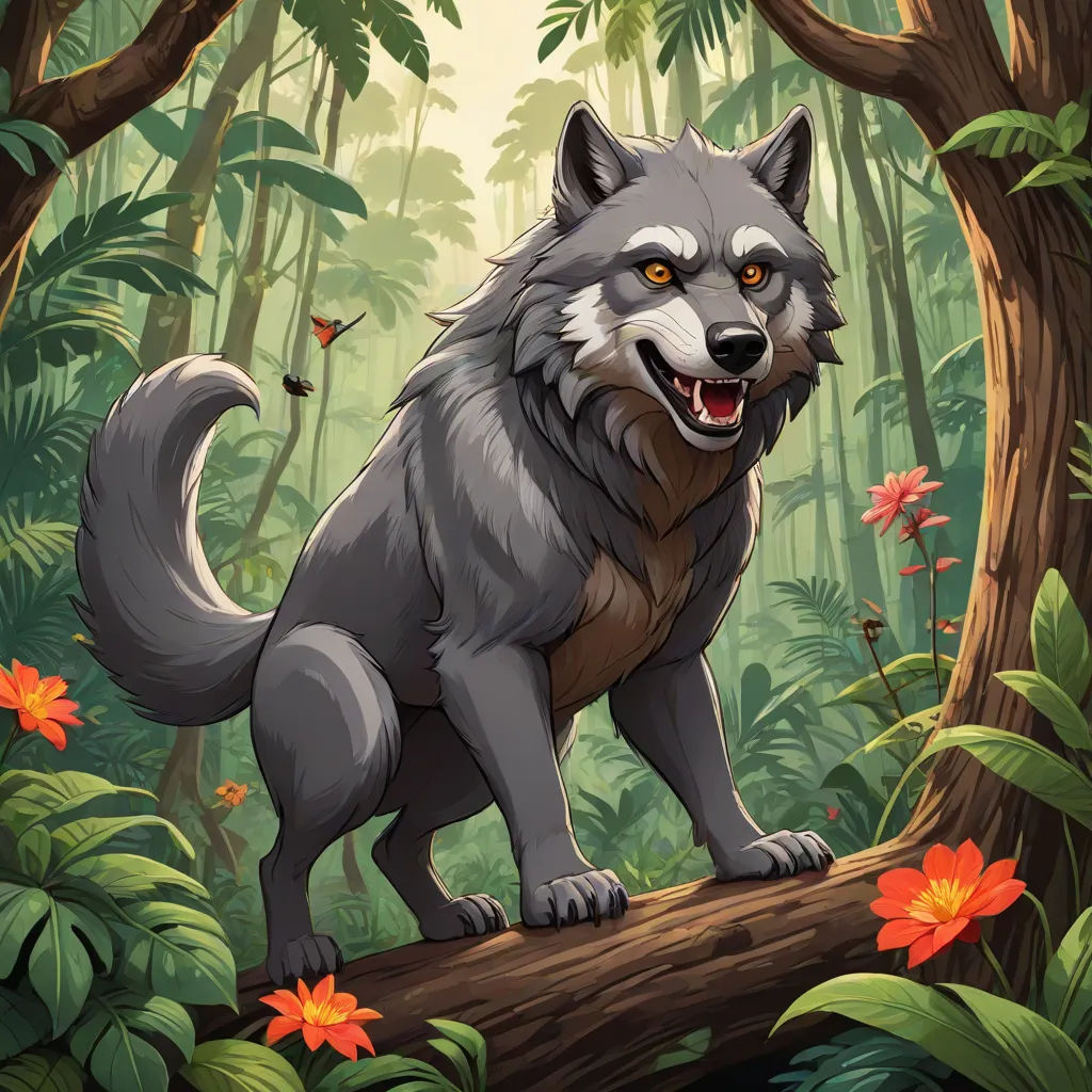 a wolf standing on a log in a forest with flowers and butterflies around it and a butterfly flying above, a character portrait, Brom, sots art, official art