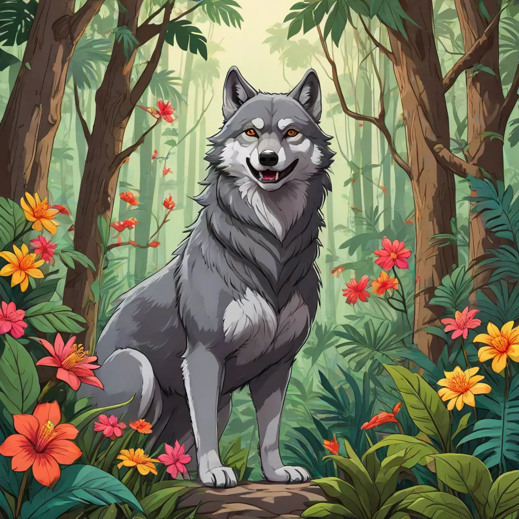 a wolf standing in the middle of a forest with flowers and trees around it, with a sun shining through the trees, a character portrait, Chris LaBrooy, furry art, official art