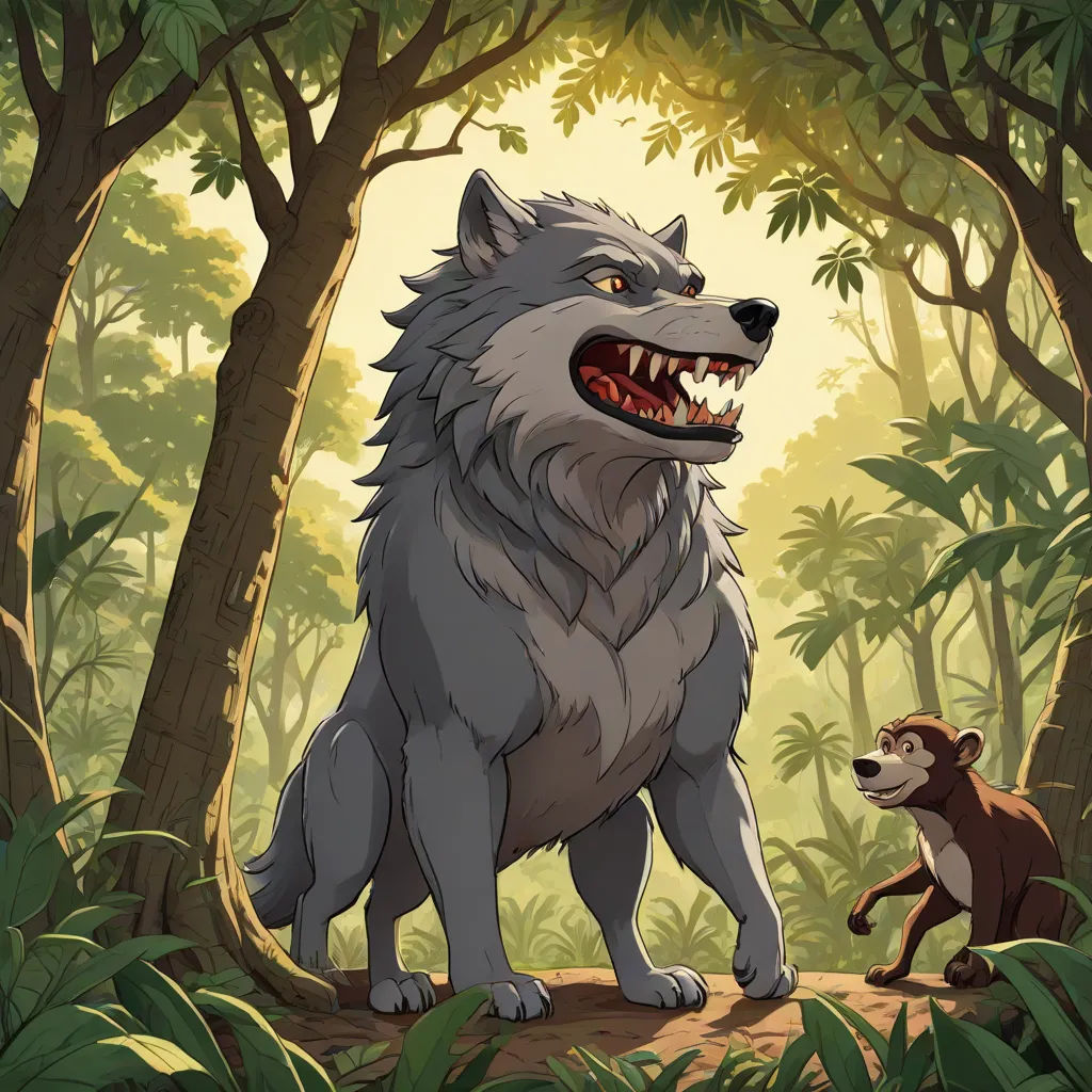 a wolf and a monkey in a forest with trees and plants and a sun light in the background with a monkey on the ground, a storybook illustration, Brom, furry art, official art