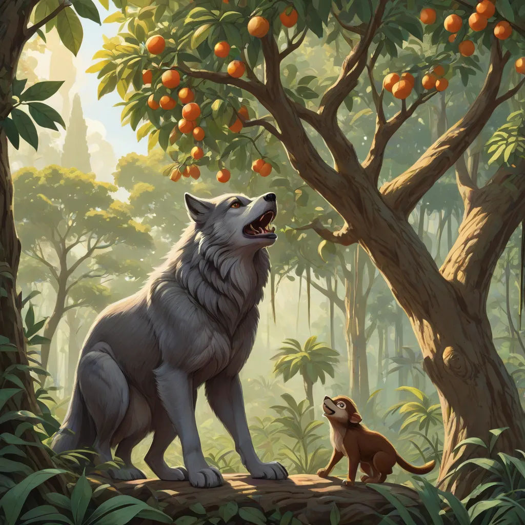 a wolf and a monkey are in a forest with oranges on the trees and a dog is looking up at them, a storybook illustration, Aaron Jasinski, fantasy art, storybook illustration