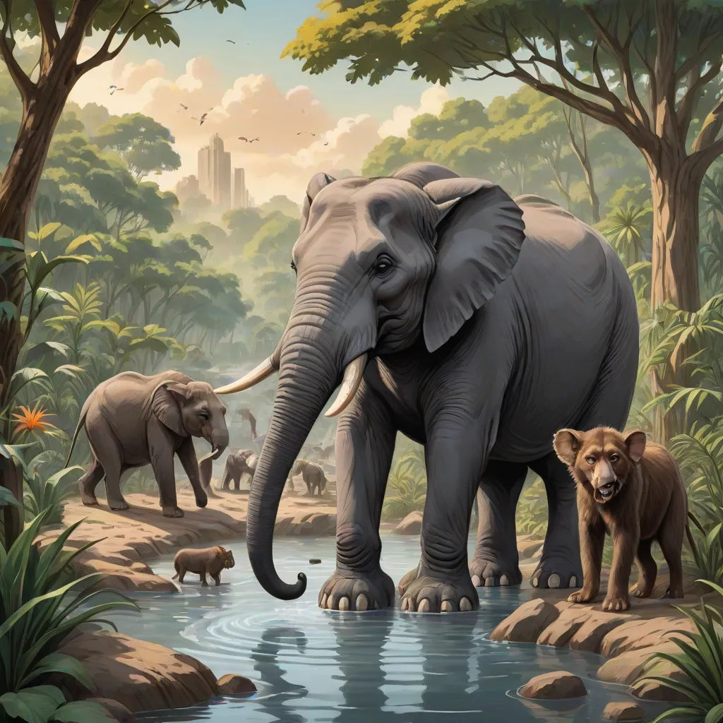 a painting of an elephant and two cubs by a river in a jungle setting with a waterfall and trees, an airbrush painting, Chris LaBrooy, naturalism, highly detailed digital painting