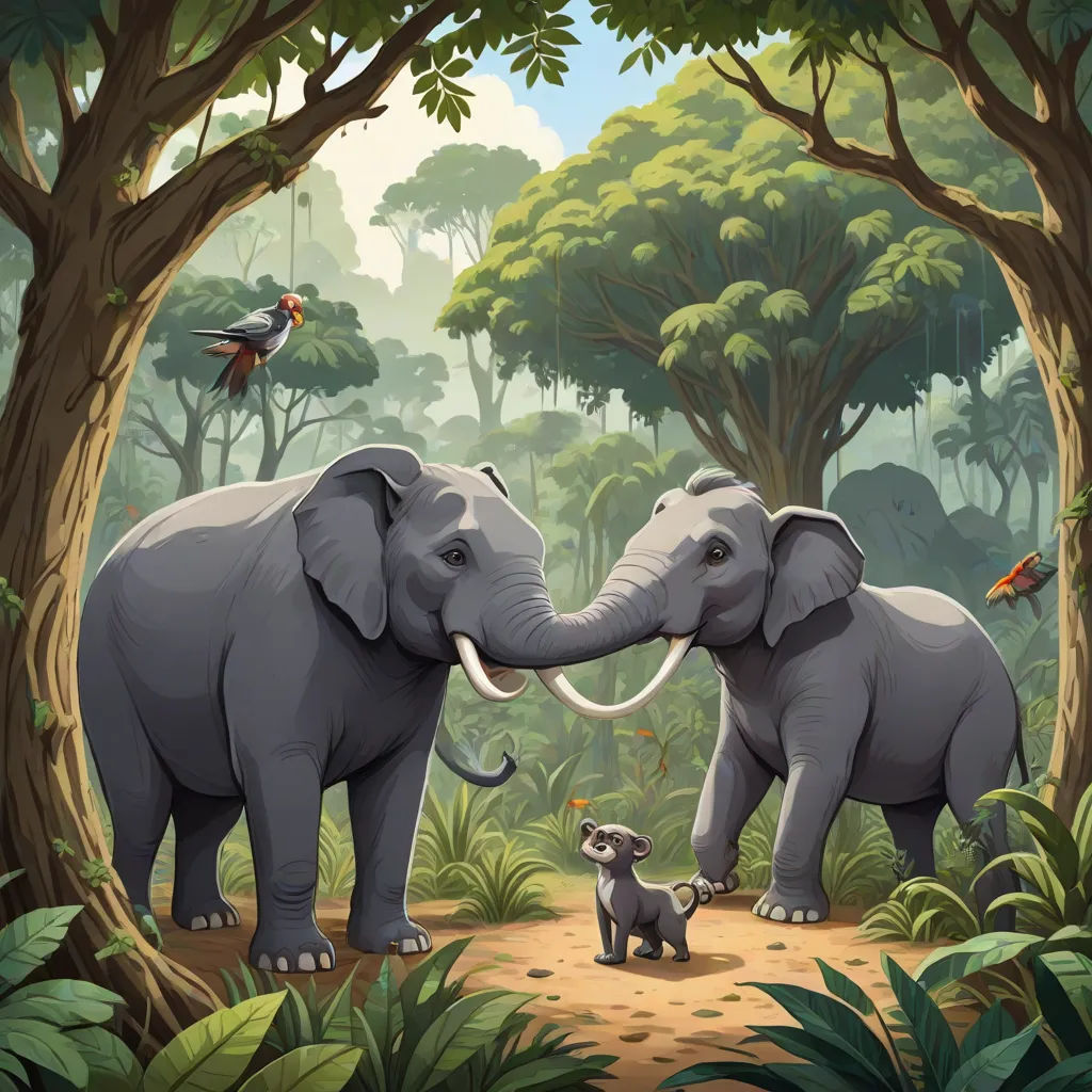 two elephants in a jungle with a bird on its back and a bird on its trunk, with a baby elephant in the foreground, a storybook illustration, Chris LaBrooy, sumatraism, promotional image