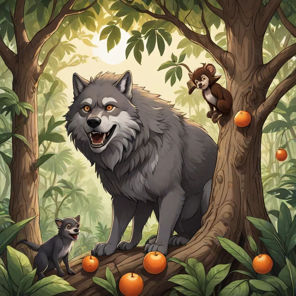 a wolf and a monkey in a forest with oranges and trees with leaves and branches and a monkey on the tree, a storybook illustration, Caspar Wolf, fantasy art, storybook illustration
