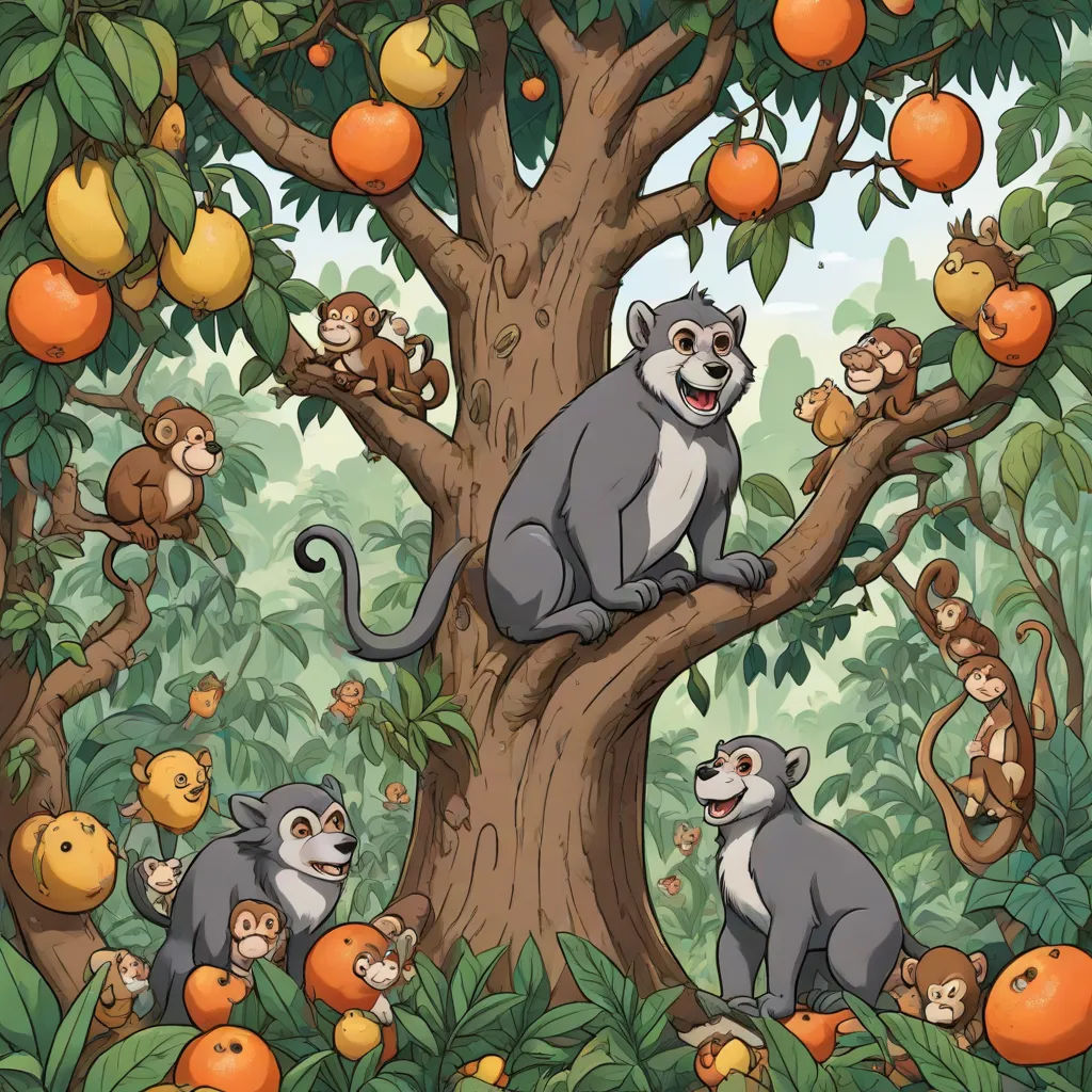 a group of monkeys sitting on top of a tree in a forest with oranges and apples on the tree, a storybook illustration, Chris LaBrooy, furry art, official art