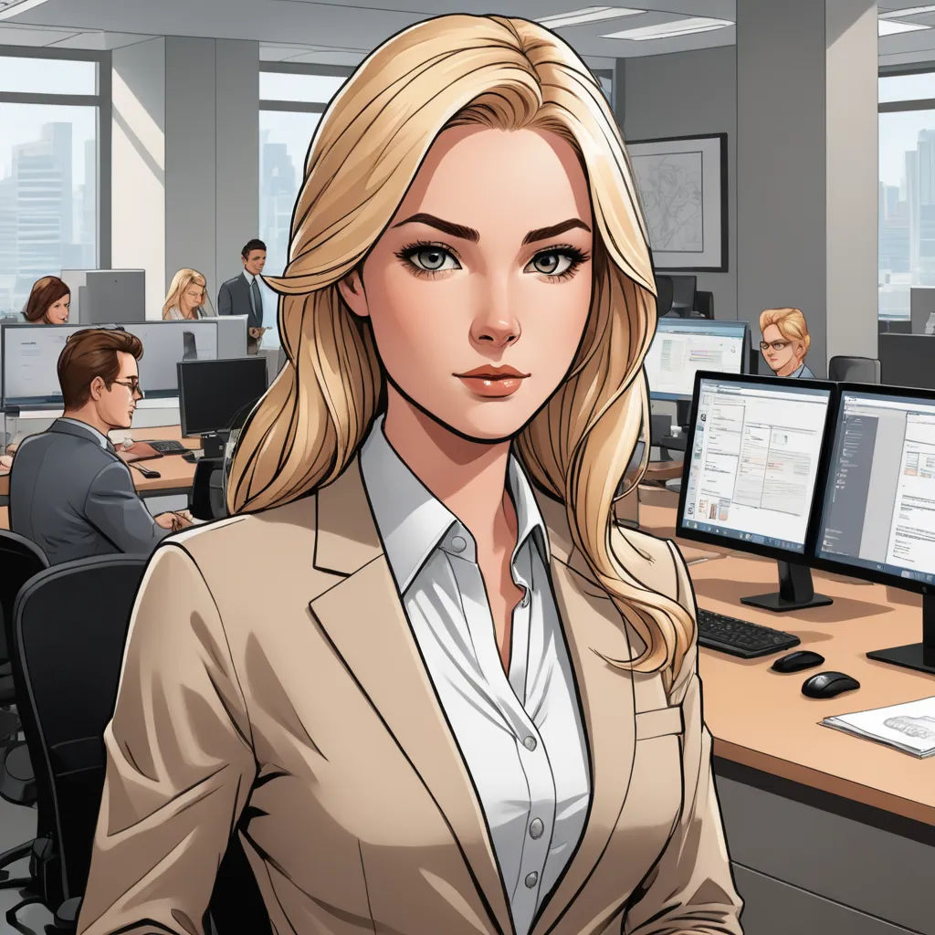 a woman in a suit sitting at a desk with a computer and a monitor on it, with people in the background, new objectivity, a character portrait, Cedric Seaut (Keos Masons), graphic novel