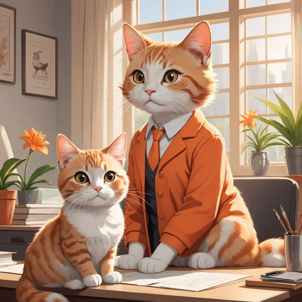 a cat sitting on a desk next to a man in a suit and tie with a cat in front of him, furry art, a detailed painting, Chris LaBrooy, trending on art station