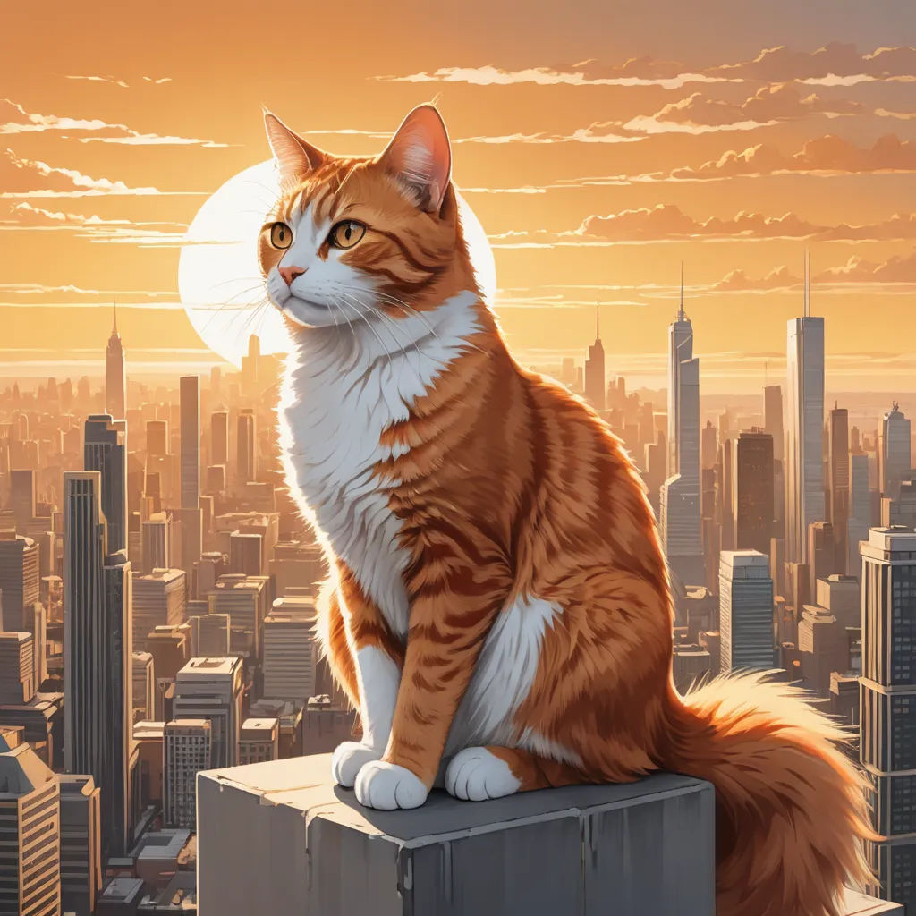 a cat sitting on top of a building with a city in the background at sunset with a full moon, sots art, a comic book panel, Dan Mumford, city background