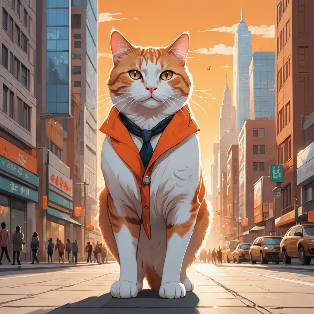 a cat in a vest and tie standing on a city street with tall buildings in the background and a sunset, furry art, a character portrait, Carlos Catasse, trending on art station