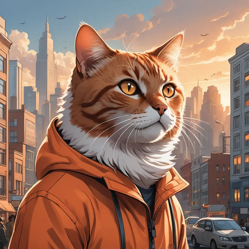 a cat in a hoodie is standing in a city street with a sunset in the background and a cityscape in the background, furry art, a comic book panel, Chris LaBrooy, comic cover art
