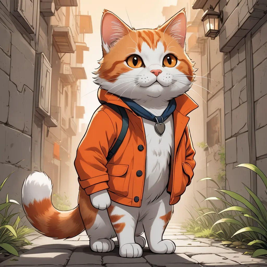 a cat wearing an orange jacket and a blue collar standing in a narrow alleyway with a brick building in the background, furry art, a character portrait, Cedric Seaut (Keos Masons), official art